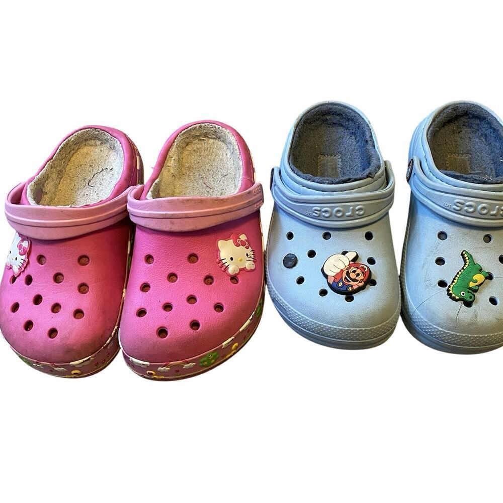 Crocs Crocband Clogs Kids C10-11 Pink Blue Rubber Slip-On Straps Lot Of 2 Pairs